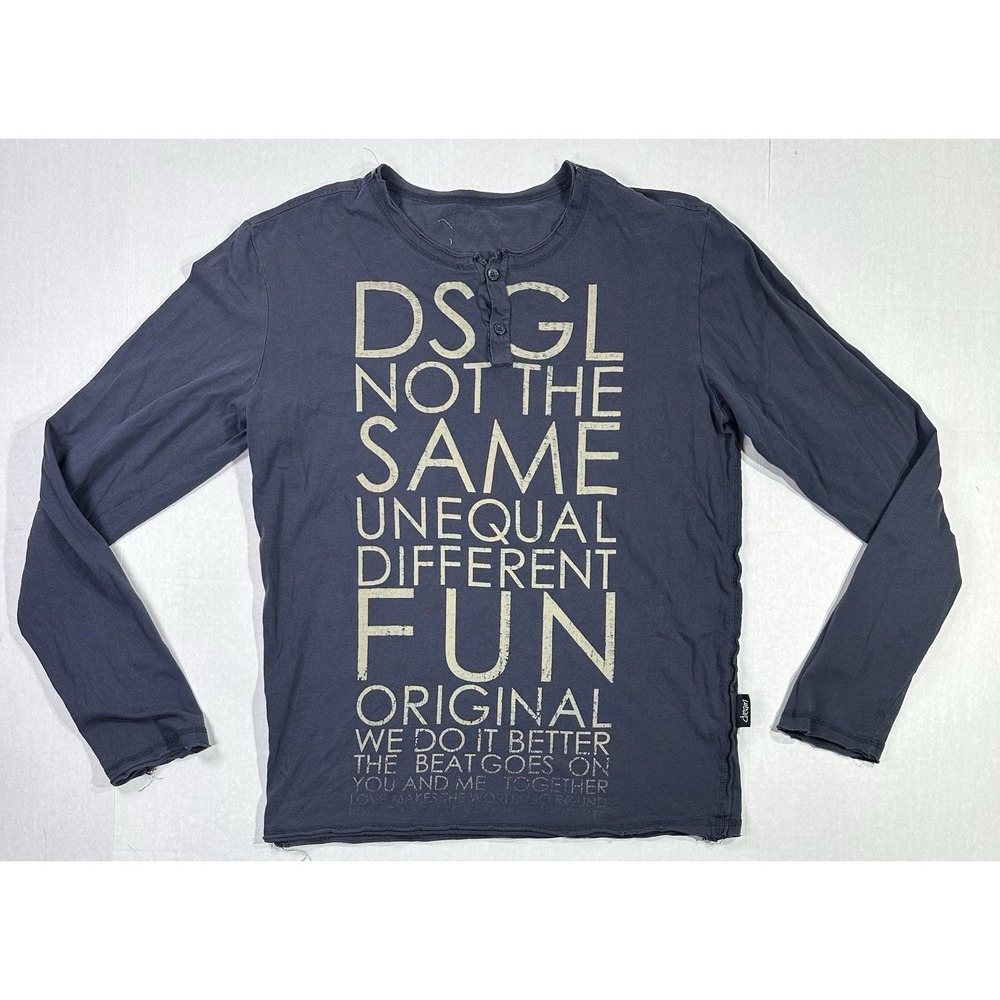Desigual Long Sleeve Graphic Henley‎ Shirt Blue "Not The Same" Text Print Mens M